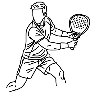 Padel tennis player backhand swing line art illustration black and white isolated on white background
