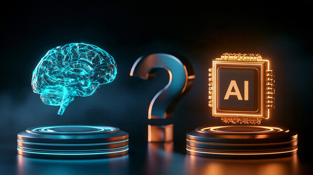 A glowing human brain hologram and a futuristic microchip processor stand with a question mark on dark backgrounds. Perfect for artificial intelligence and machine learning.