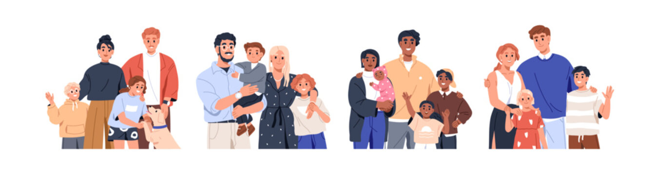 Happy family, parents with child, kid, portraits. Mother and father with children, happy family together. Isolated parents and kids, mom, dad, children and dog. Flat vector illustrations set.