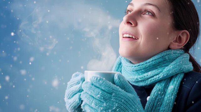 Comfort and sensory warmth defying freezing weather as young woman savors hot drink amid snowfall. Close-up shot with subtle camera panning.