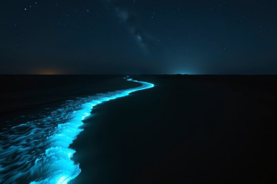 Bioluminescent Ocean Wave Night Sky Milky Way Dark Background Space Copy Space