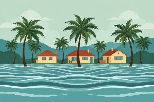 Tropical riverfront houses with palm trees and calm water backdrop for travel and vacation concepts