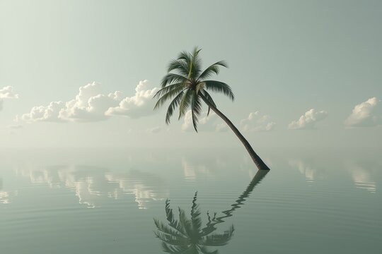 Palm Tree Dipping in Calm Water with Soft Cloudy Sky Background for Relaxation Concept