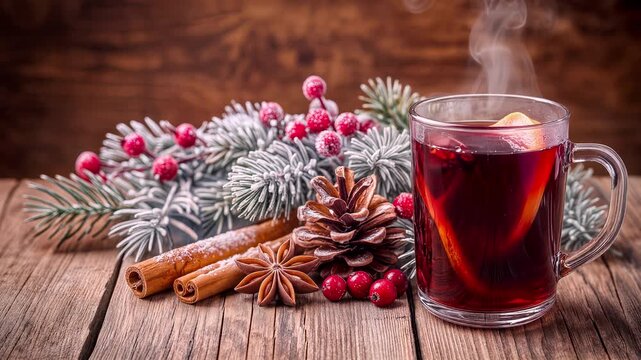 Hot mulled wine in glass mug emitting steam beside pine cone and cinnamon sticks on rustic wooden table. Winter holiday drink presentation. Lockdown shot with selective focus.