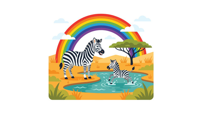 Flat Illustration of Zebras and Foal in Savanna with Rainbow