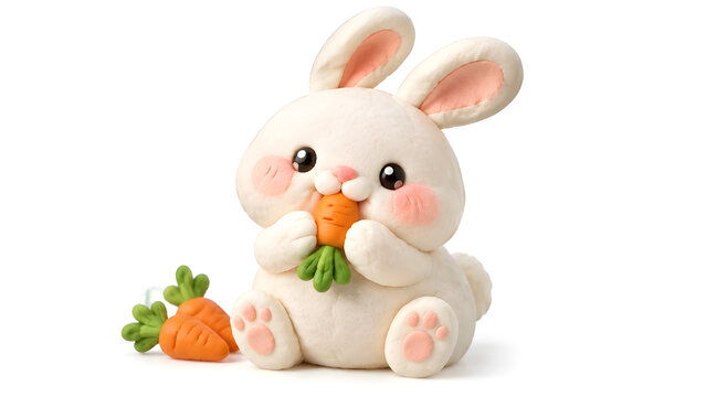 An adorable 3D rendered illustration of a chubby white rabbit sitting and eating a small orange carrot, with another carrot resting beside it on a white background.