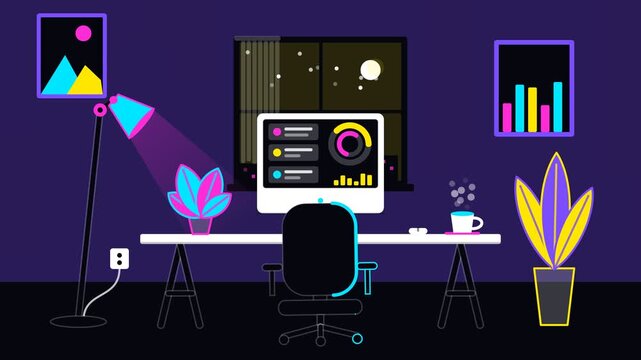 Computer office workspace purple background with smooth flowing motion in a seamless loop animation