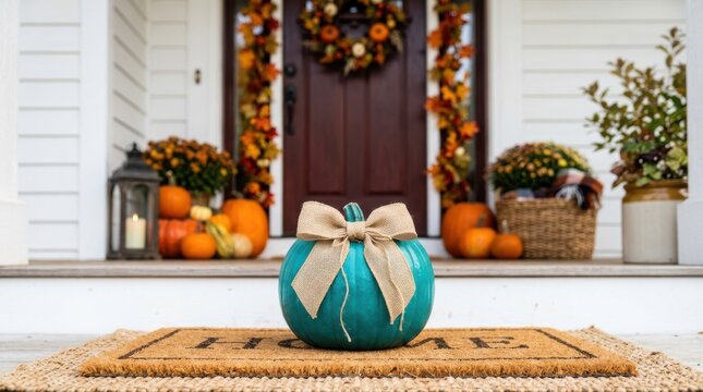 Teal pumpkin with a burlap bow sits on a doormat outside an autumn decorated front door