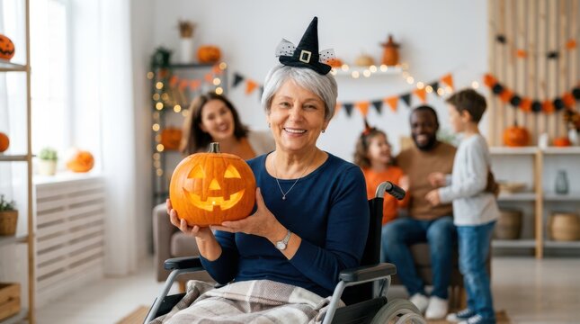 Smiling senior woman in a wheelchair holds a carved pumpkin while wearing a witch hat at a Halloween gathering