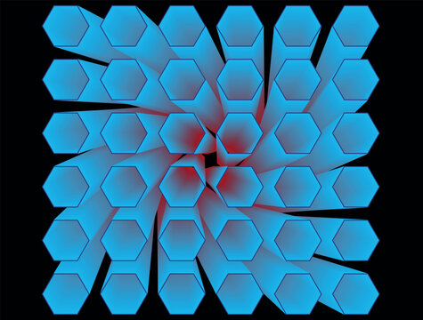 Abstract blue hexagonal pillars 3d grid background with glowing red center on black.