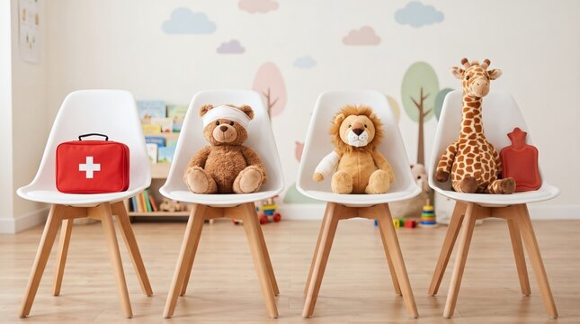 Childrens waiting room with stuffed animals and first aid kit.