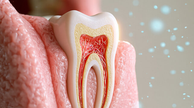 A detailed 3D render of human tooth anatomy with visible nerve fibers and healthy gum tissue. Ideal for dental care and oral health educational materials.