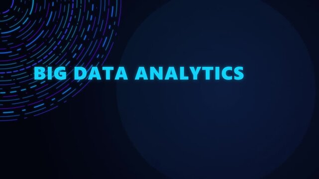 Big data analytics text with glowing blue circular digital lines rotating on a dark background representing information processing technology and modern computing systems for business intelligence sol