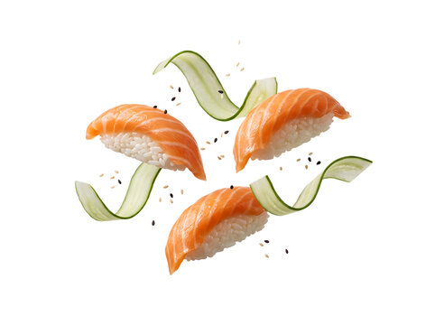 Floating Salmon Nigiri Sushi with Cucumber Ribbons and Sesame Seeds on Transparent Background