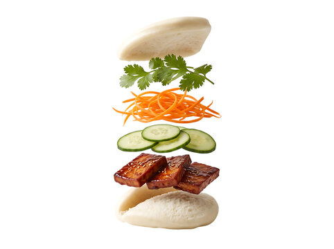 Steamed Bao Bun with Floating Tofu, Cucumber, Carrot, and Cilantro on Transparent Background