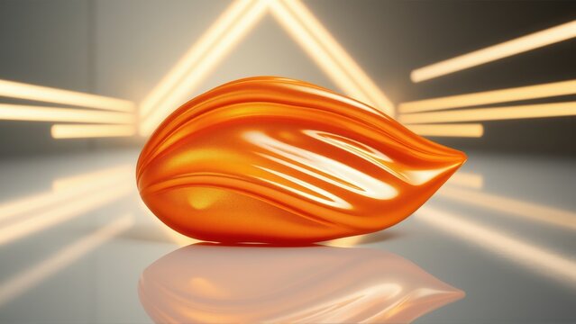 Glossy orange object rests upon reflective surface. Background features geometric lines, warm illumination. Modern, minimalist presentation.