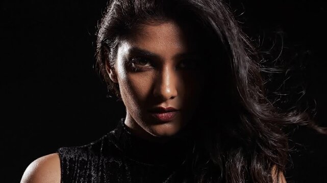Mysterious dark haired woman with dramatic lighting looking intensely into camera during studio portrait session