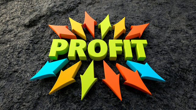 Colorful 3D profit text surrounded by directional arrows on dark textured background. Excellent visual metaphor for business growth and financial success.