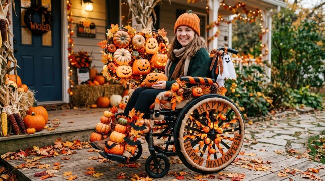 Smiling woman sits in a Halloween decorated wheelchair holding a pumpkin outside a festive autumn porch