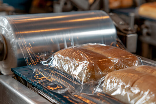 Fresh bread loaves being wrapped in plastic film on an industrial conveyor belt line. Ideal for commercial food production and packaging concepts.