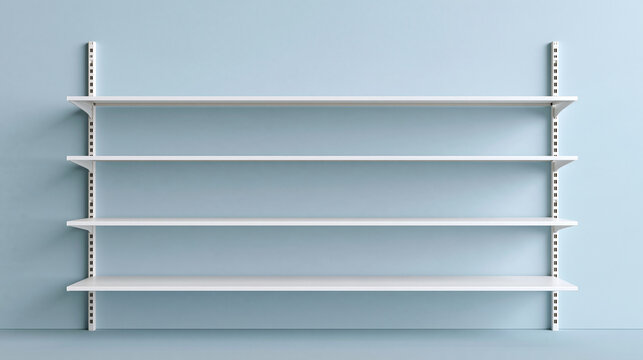 Empty white shelves mounted on a light blue wall. Perfect for product display mockup and retail design.