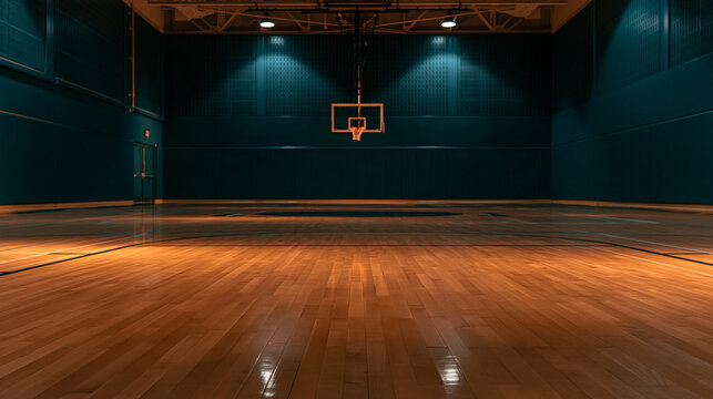 An empty basketball court with a wooden floor under dramatic overhead spotlight illumination. Perfect for athletic training and sports background concepts.