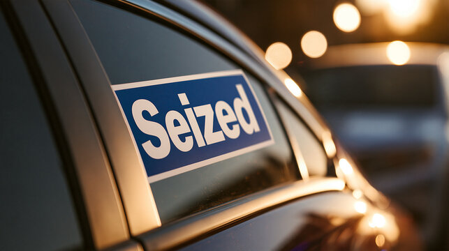 A Seized sign sticker is affixed to the side window of a confiscated car parked outdoors. Ideal for legal and law enforcement concepts.