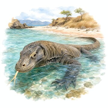 Komodo Dragon Swimming in Shallow Turquoise Water Near Shore