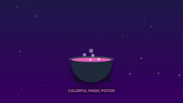 2D Animation of Colorful Magic Potion with Spell Book and Bubbling Cauldron