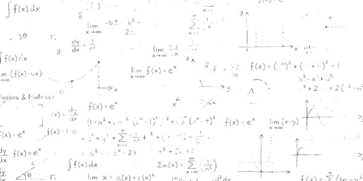 Hand drawn mathematical equations calculus formulas and geometry graphs vector illustration educational background.