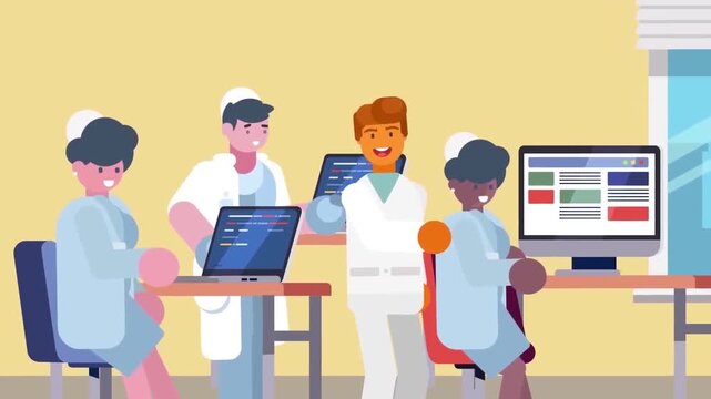 Medical professionals working together on computers in a brightly lit modern office environment with cheerful colleagues