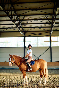 Equestrian rider sitting astride a chestnut horse in an indoor arena, practicing horseback riding beneath the steel roof
