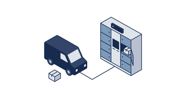 Delivery van dropping off packages next to an automated parcel locker system.