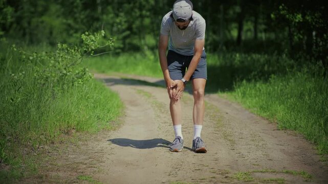 Runner Bending Over Grabbing Knee. Experiencing Sharp Pain During Outdoor Trail Workout