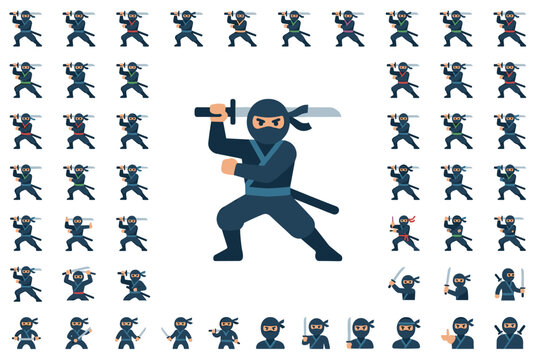 A collection of flat vector icons featuring various ninja warriors