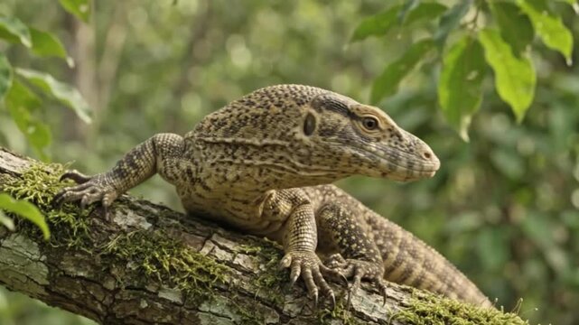 Cinematic video shot of a wild monitor lizard resting on a mossy tree branch in a lush tropical rainforest.