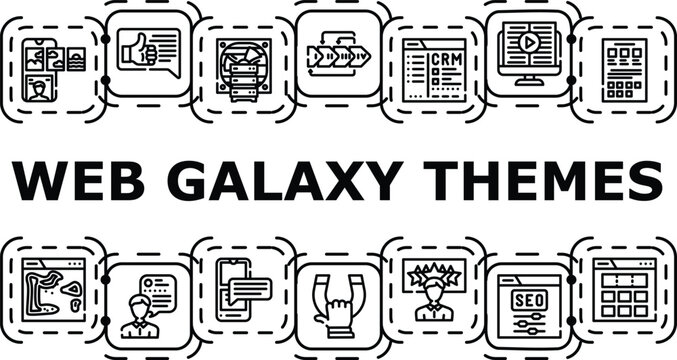 Web galaxy themes banner infographic. Celestial space, darkness planets, cosmic solar icon vector illustration