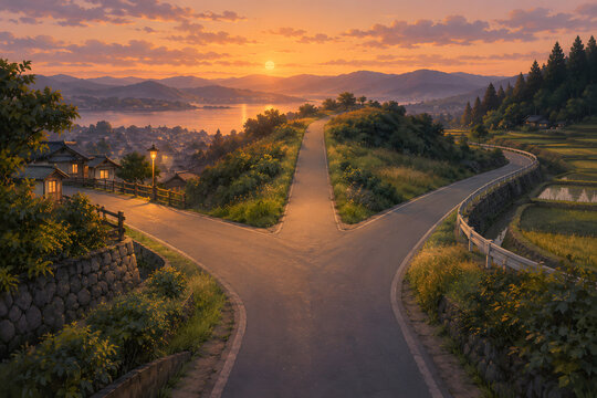 Country road splitting into two paths in a sunset landscape