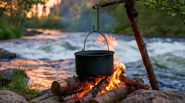 Black camp pot hangs over a crackling open fire beside a flowing river at forest dusk