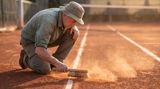 Groundskeeper sweeping red clay tennis court baseline during maintenance with handheld brush