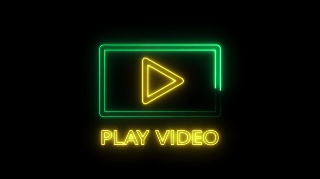 neon play video button icon animation with rounded rectangle on black background.