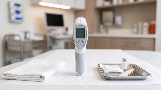 Digital infrared thermometer on a medical table in a clinic office.