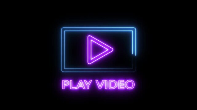 neon play video button icon animation with rounded rectangle on black background.