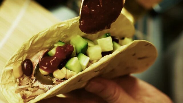 Adding Red Sauce To Fresh Taco With Vegetables And Meat Inside Tortilla
