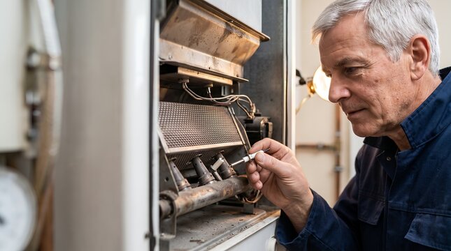Senior technician repairing a gas boiler unit with an igniter electrode