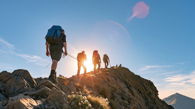 A roped team of mountaineers ascends a rugged summit ridge beneath the glowing evening sun