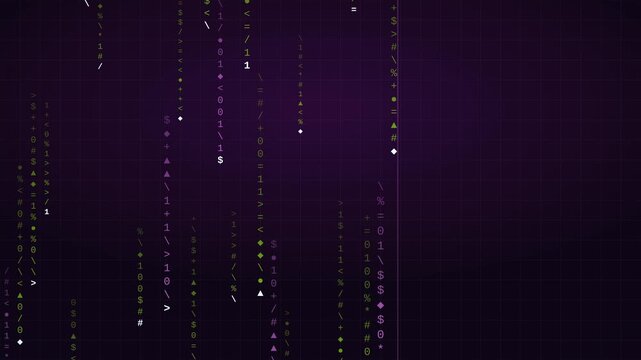 4K falling data stream background with cascading numbers and code columns, magenta grape neon interface