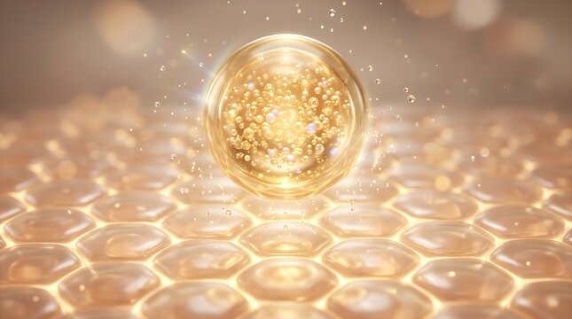 Golden serum drop penetrating human skin cells for advanced cosmetic skincare treatment