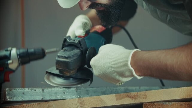 Craftsman Using Angle Grinder To Smooth Metal Beam