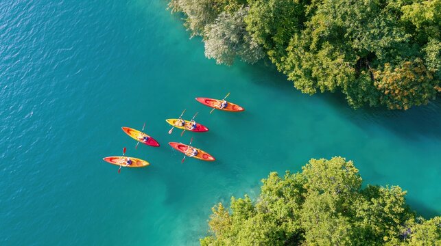 Aerial view of colorful kayaks floating on turquoise water beside a green shoreline